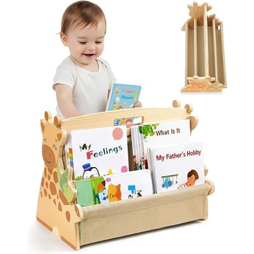 Toddler Bookshelf Double-Sided with 4 Tier Deep Sleeves Kids Wooden Montessori Book Rack for Baby Nursery Room, Playroom, Classroom or Bedroom Bookcase Storage Organizer, Light Wood Giraffe