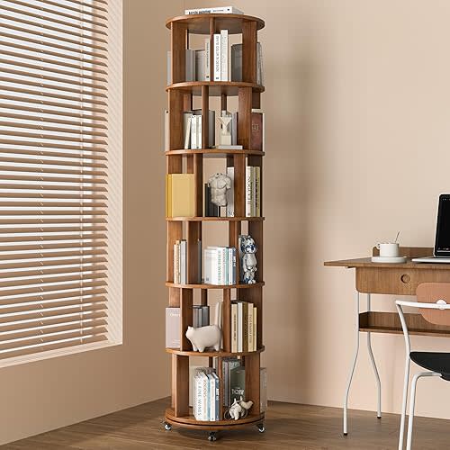 6 Tier Bookshelf Tower, 360° Solid Wood Spinning Bookcase with Swivel Wheels, Floor Standing Book Shelf for Small Space, Bookshelf for Home Office Study Room Bedroom Living Room