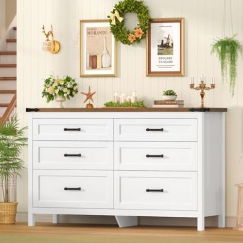 USIKEY Farmhouse 6 Drawer Dressers for Bedroom, 47.2'' Wide Wood Chest of Drawers , Dresser for Closet, Bedroom Dresser for Living Room, White