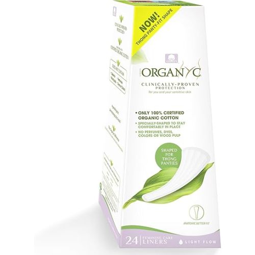 Organyc 100% Certified Organic Cotton Inside and Out Tanga Thong Panty Liners, Ultra Thin Liners for Women, Light Flow, 24 Count