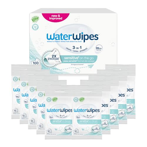 WaterWipes Sensitive+ On The Go Wipes, 3-In-1 Cleans, Cares, Protects, 99.9% Water, Unscented & Hypoallergenic Wet Wipes, 100 Count (10 Packs)