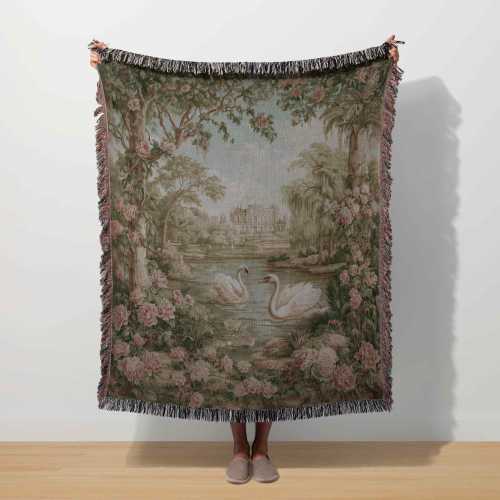 European Tapestry Swan Woven Blanket Romantic Lake English Country Vintage Throw Antique Decor Rococo Wall Art French Verdure Chateau Garden
