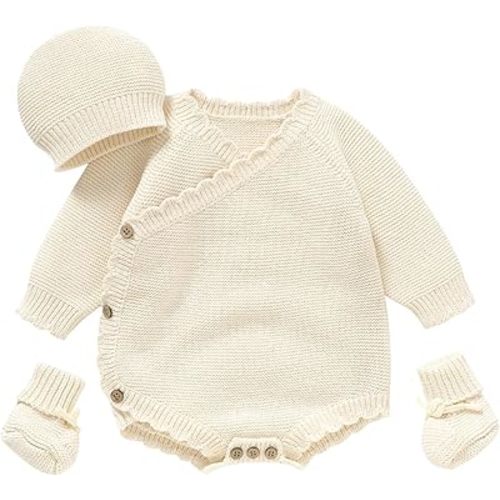 Unisex Baby 3 Piece Sweater Set Cotton Knit Romper with Hat and Booties, Long Sleeve Outfit Newborn Infant Clothes