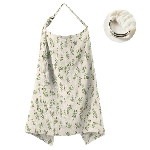 Neblueum Muslin Nursing Cover for Breastfeeding Moms - 100% Cotton Lightweight & Breathable Privacy Shawl with Adjustable Rigid Hoop | Multi-use Apron (Botanical Blooms)
