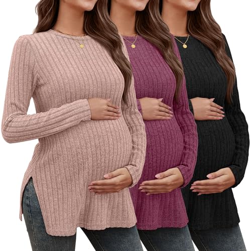 Sweetyweee 3 Pack Women's Maternity Shirts, Ribbed Long Sleeve Pregnancy Sweaters Knit Split Side Crew Neck Tunic Tees Tops