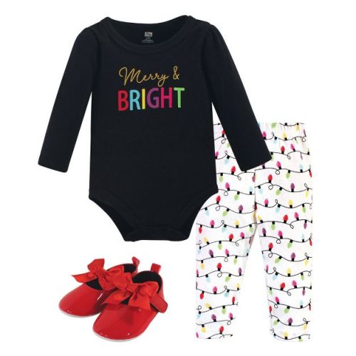 Hudson Baby Infant Girl Cotton Bodysuit, Pant and Shoe 3pc Set, Merry & Bright, 3-6 Months