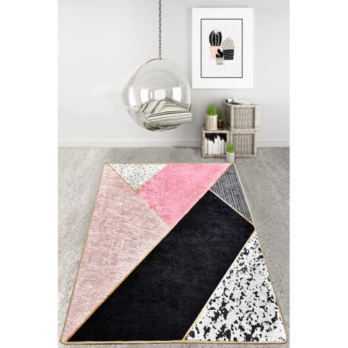 East Urban Home Marylou Geometric Machine Made Flatweave Polyester/Velvet Area Rug in Beige/Black/White | Wayfair