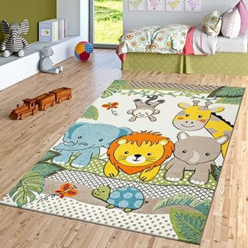 Paco Home Kids Room Rug Cute Zoo Animals Jungle Lion and Elephants in 3D Effect Colorful, Size: 2'8" x 4'11"