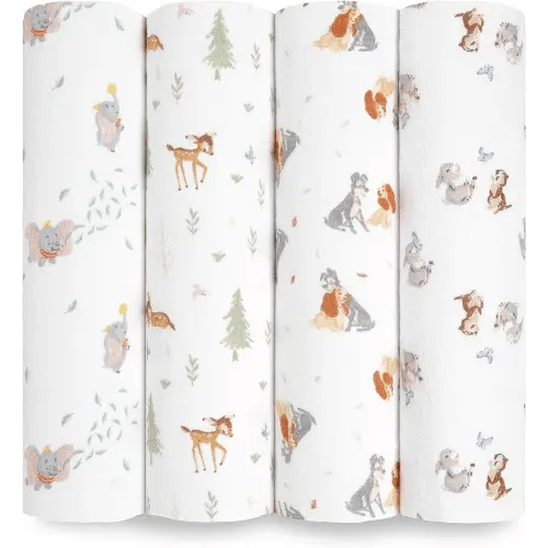 aden + anais Essentials Disney Baby Muslin Swaddle Blankets, Newborn Receiving Blanket for Swaddling, 100% Cotton Baby Swaddle Wrap, 4 Pack, Disney + Friends