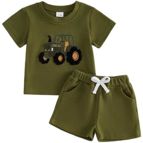 Toddler Baby Boy Summer Clothes Waffle Striped Embroidered T-Shirt Short Set Infant Outfit 6 12 18 Months 2T 3T