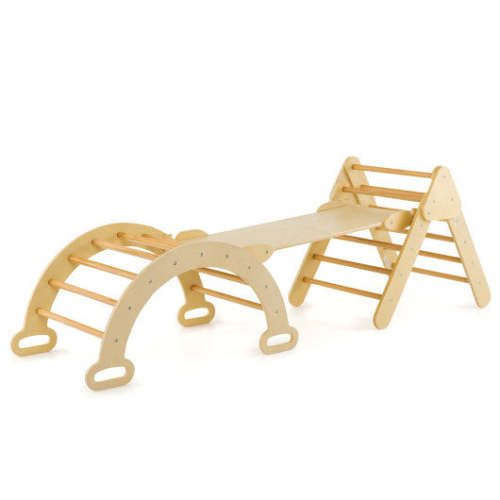 2-in-1 Wooden Kids Climber Toys With Triangle Arch Ramp-Natural