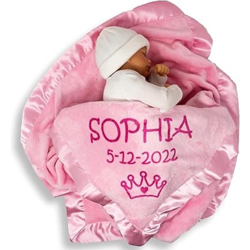 Custom Catch Personalized Princess Baby Blanket for Girl - Newborn or Infant Name Gift - Pink or Blue (2 Text Lines)