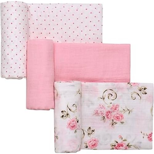 3 Pack Cotton Muslin Swaddle Blankets for Baby, 40" x 36", Lightweight, Breathable, Pink (Little Me Vintage Rose)