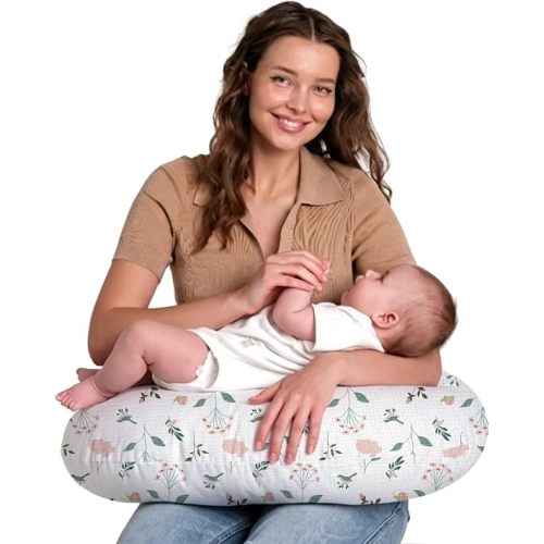 Little Grape Land Enhanced Muslin Nursing Pillow, Ultra Firm Breastfeeding Pillow with 100% Cotton Breathable & Removable Cover, Breast Feeding Pillows for Babies 0-12 Months