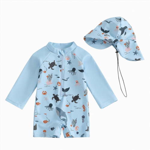 TOWED22 Toddler Baby Boy Rash Guard Swimsuit Long Sleeve Zipper One Piece Bathing Suit with Hat Infant Beach Swimwear Blue,3-6 M