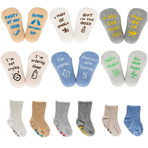 Baby Socks with Grip Non Slip, Gift Set, Shower Gifts Newborn Funny Present, 6 Pair, For 0-12 Months