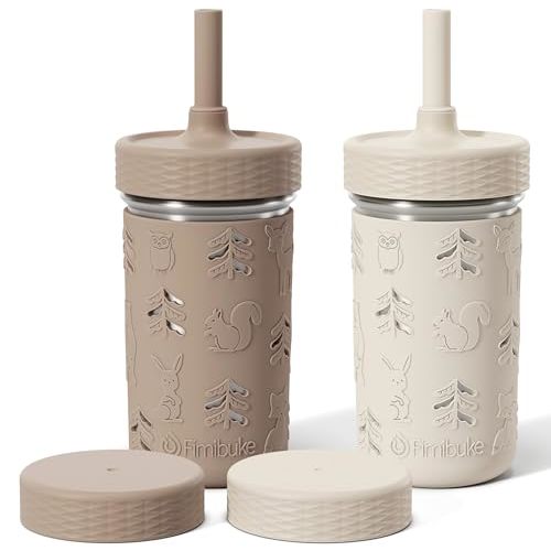 Fimibuke Toddler Cups Spill Proof, 12 OZ Sippy Cups for Kid Girl Boy, Stainless Steel Tumbler with Lid, Removable Silicone Straw & Sleeve, BPA Free Dishwasher Safe Water Bottle Snack Container 2 Pack
