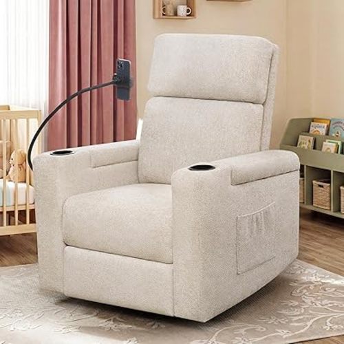 HUSFU Power Recliner Chair Swivel Glider, Nursery Chairs w/USB Charging Port and Phone Holder, Swivel Rocker Glider Recliner for Nursery,Bedroom,Living Room,Light Brown,1PC