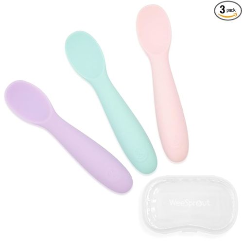 WeeSprout Baby Spoons for Self Feeding 6 Months +, Soft & Durable Silicone Utensils for Sensitive Gums & Teeth, Easy Grip Handles & Shorter Length for Little Hands, 3 Pack + Carrying Case