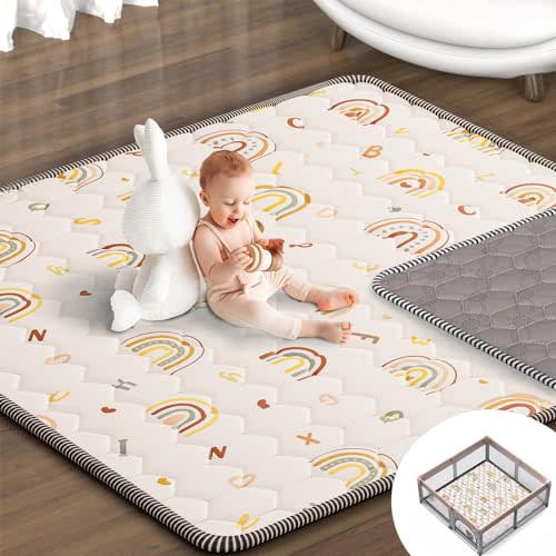 Boho Rainbow Baby Play Mat 50" X 50" Playpen Mat Thicken One-Piece Baby Crawling Mat Non-Slip Cushioned Baby Floor Mat with Lettters, Activity Playmats for Infants, Babies, Toddlers (50X50,Beige)