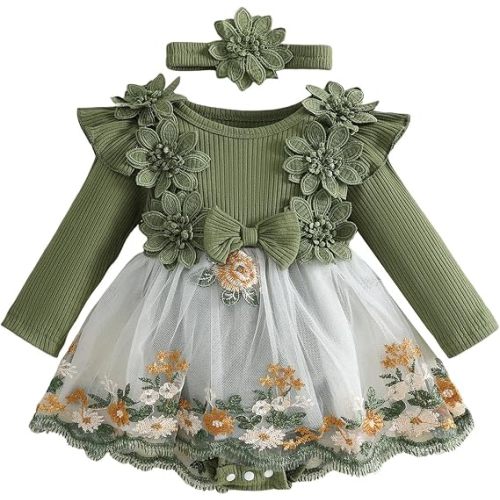 Douhoow Baby Girl Romper Dress Embroidery Lace Flowers Baby Dress Romper Fall Winter Festival Clothes with Headband