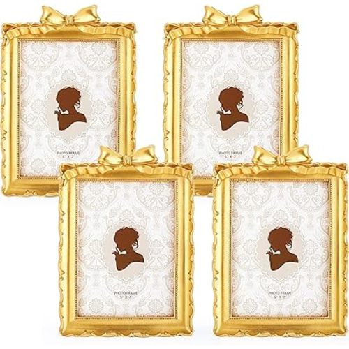 Chunful 4 Pcs Vintage Gold Bow Picture Frames 5x7 Inch Antique Rectangle Photo Frames Ornate Baroque Resin with Glass Front for Home Tabletop Display Wedding Gallery Wall Hanging Party Decor