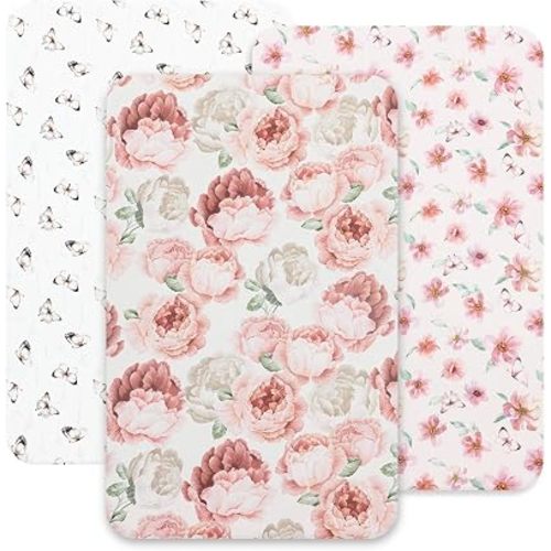 david's kids 3 Pack Mini Crib Sheets, Soft Breathable Premium Pack N Play Sheets for Baby Boys Girls Neutral, Playard and Mini Crib Mattresses, Floral