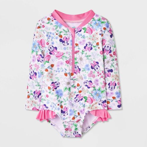 Baby Girls' Floral Minnie One Piece Rash Guard - Pink 6M