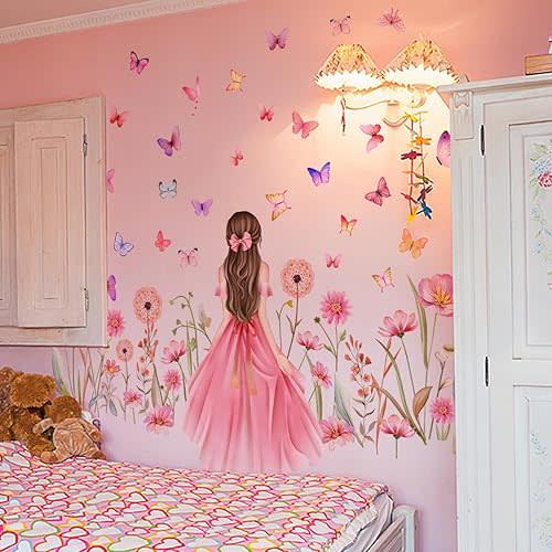 Butterfly Wall Stickers for Kids, Wall Decals Pink Floral Wall Art for Cartoon DIY Removable Girls Home Decor