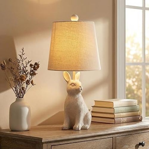 Crestview Collection Bunny Lamp - Rabbit Table Lamp with Hardback Shade, 19" Sculpted Resin Animal Lamp for Rustic Farmhouse Forest Bedroom, Woodland Nursery Living Room, Unique Nature Gift, White