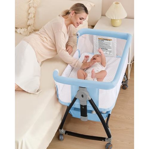 3 in 1 Baby Bassinet, Bedside Crib with Breathable Mesh, Bassinet Bedside Sleeper with Wheels, Mosquito Net, Storage Basket, 6 Height Adjustable, Easy to Assemble