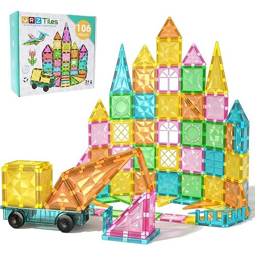 YRZtiles Magnetic Tiles for Kids with Car, STEM Building Blocks, 106-Piece