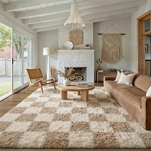 PureCozy Beige 8x10 Area Rugs for Living Room Soft Shag Checkered Large Rug Modern Washable Indoor Office Fuzzy Carpet Non-Slip Fluffy Rugs for Bedroom Nursery Dorm Playroom Home Aesthetic Decor