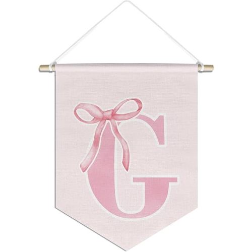 initial Personalized Preppy Canvas Hanging Pennant Flag Banner, Coquette Pink Bow Teen Girl Gifts,Trendy Cute Monogrammed Gifts Wall Decor for Women Teen Girl Nursery bedroom(G)