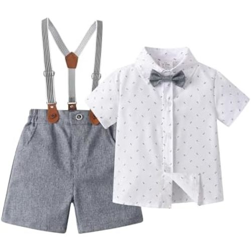 Baby Boys Gentleman Shorts Sets, Infant Outfits Suits, Shirt+Shorts+Bow Tie+Suspenders