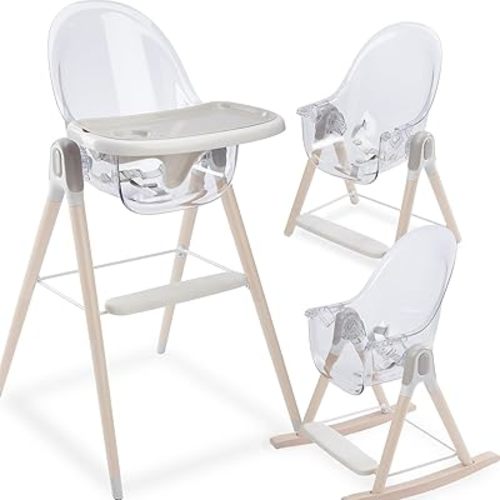 Primo Vista 3-in-1 Convertible High, Toddler, & Rocking Chair, Clear, Transparent Seat, Grows with Child, Modern Style, Adjustable Wooden Legs, Easy to Use, Assemble, Safe & Sturdy, 21.5 x 25 x 40.5"