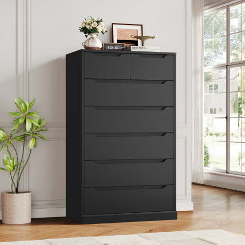 Homfa 7 Drawer Black Dresser, 51.3"H Wood Storage Cabinet with Upgraded Stable Base, Vertical Chest for Bedroom Living Room