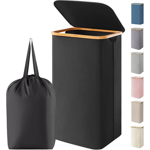 Lifewit 100L Laundry Basket with Lid, Clothes Hampers for Laundry with Bamboo Handles and 1 Removable Bag, Large Foldable Laundry Hamper for Bedroom, Bathroom, Dorm, Laundry Room, Black