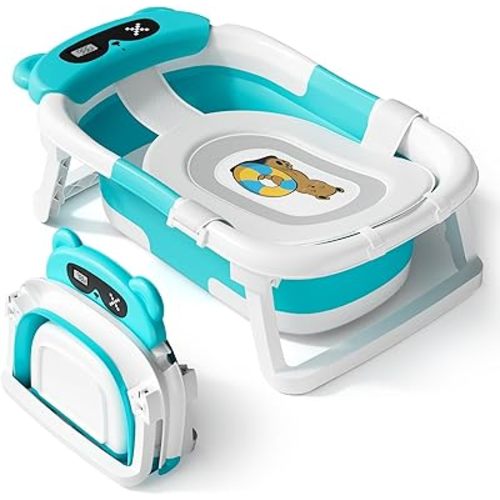 AVIDOR Baby Bathtub,Collapsible Bathtub for Newborn to Toddler,Durable Essential Infant Bath Tub,Portable Travel Baby Bathtub with Soft Cushion,No-Slip Hanging and Detachable Bathtub(Blue)