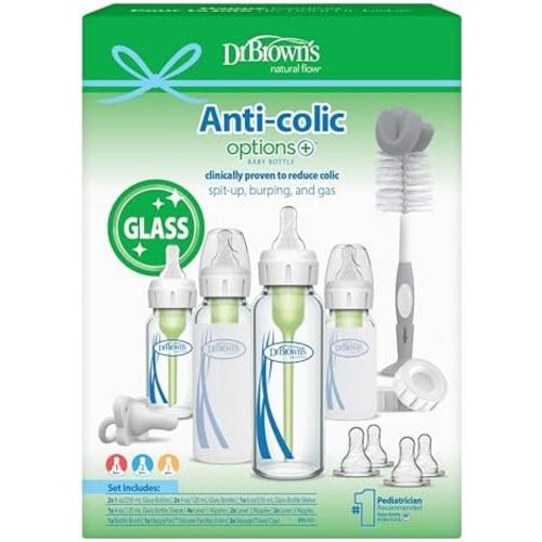 Dr. Brown's Anti-Colic Options+ Narrow Glass Baby Bottle, Starter Set with Silicone Bottle Sleeves, Brush & Soft 100% Silicone HappyPaci Pacifier for Newborns, 0m+