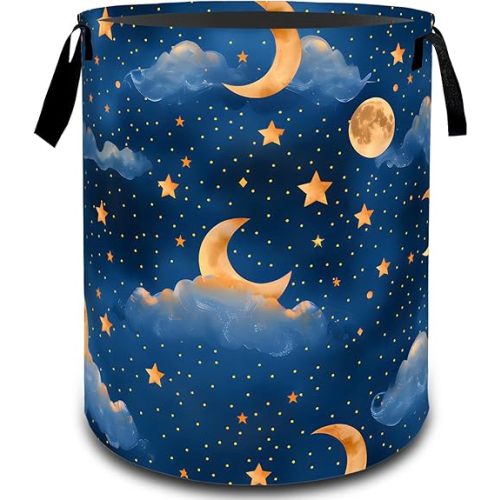 Moon and Star Night Sky Laundry Basket, Dirty Collapsible Clothes Toy Organizer Hamper for Kids Adults, Oxford Cloth Waterproof Storage Bin for Bedroom Bathroom Home Decor Gifts, 19.7"X15.7"