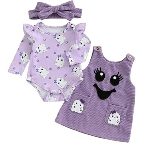 Adobabirl My First Halloween Baby Girl Outfit Pumpkin Ruffle Long Sleeve Romper Overall Dress Headband Cute Fall Clothes