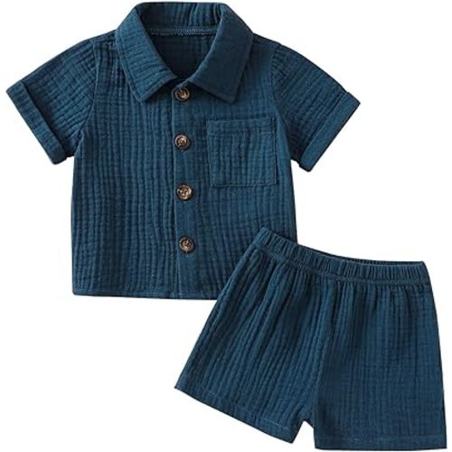 Baby Boys Clothes Set Toddler Infant Boys Button-down Shirt Tops + Cotton Gauze Shorts Summer Outfit 2PCS with Pockets