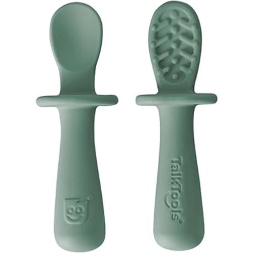 TalkTools ITSY Tiny Silicone Spoons – Twin Pack Soft Silicone Self-Feeding Training Spoons for Kids & Toddlers, Anti-Choking Flange Guard and Non-Slip Handle (Sage)