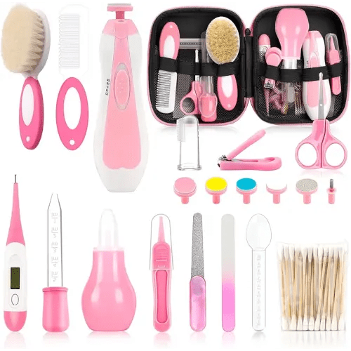 Infant Grooming Essentials: Electric Safety Nail Trimmer, Nasal Aspirator, Hair Brush, Comb, Nail Clipper (27 Piece Safety Care Set for Newborns - Pink)