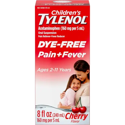 Children's Tylenol Liquid Pain Relief & Fever Medicine, Oral Suspension, Dye-Free, Acetaminophen, No Aspirin, No Ibuprofen, No High Fructose Corn Syrup; Cherry Flavor, 8 fl. oz.; Pack of 1