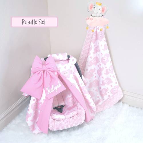 Pink Elephants Baby Car Seat Cover Accessories Set: Baby Car Seat Cover, Insert Cushions, & Personalized Blanket - FREE SHIPPING