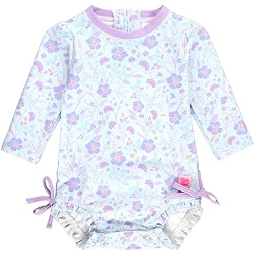 RuffleButts Baby Girls UPF 50+ Sun Protection Floral Printed Long Sleeve One Piece Rash Guard Swimsuit with Zipper
