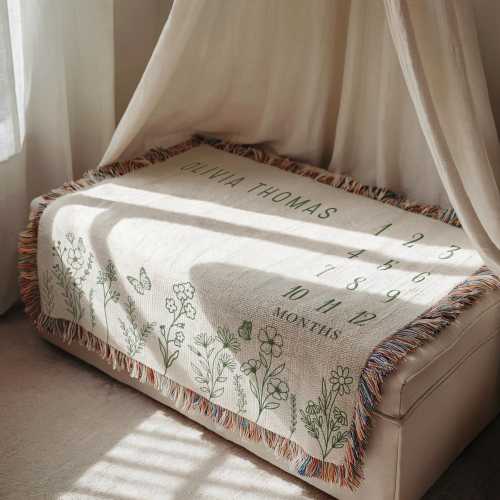 Custom Milestone Woven Blanket Girl Custom Name Blanket Wildflower New Baby Gift Girl Floral Month Blanket Personalized Baby Shower Keepsake
