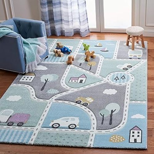 SAFAVIEH Carousel Kids Collection Area Rug - 4' Square, Grey & Light Blue, Non-Shedding & Easy Care, Ideal for High Traffic Areas for Boys & Girls in Playroom, Nursery, Bedroom (CRK193F)